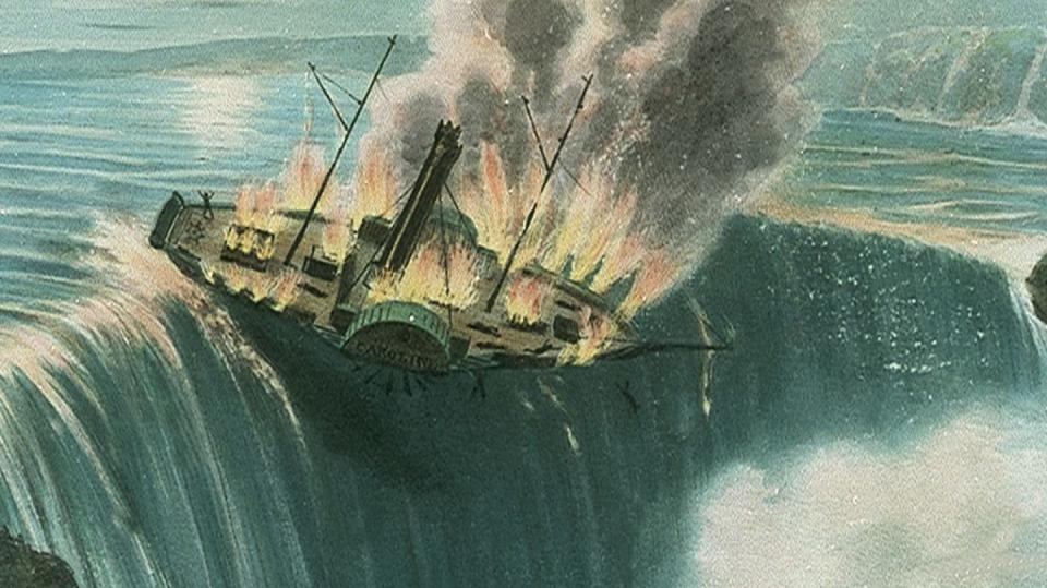Parník Caroline padající z Niagarských vodopádů